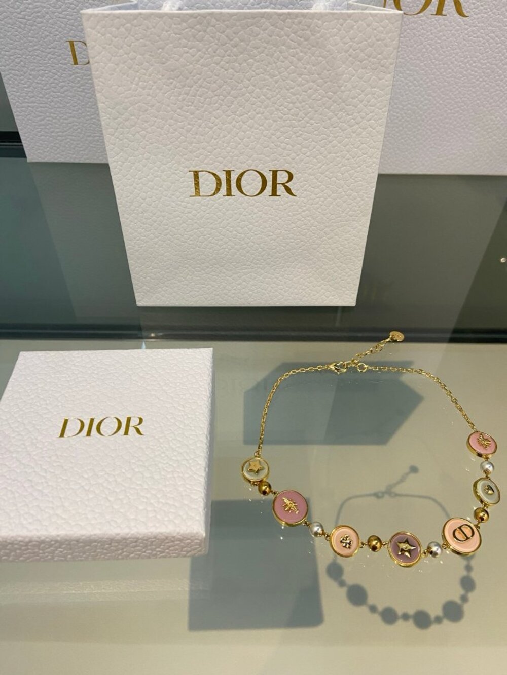Dior Gold-Tone Enamel Medallion Pearl Charm Necklace